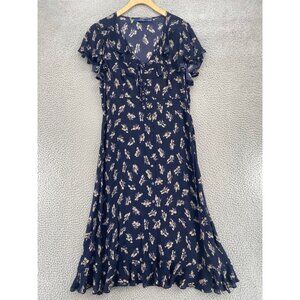Polo Ralph Lauren Dress Womens 10 Navy Floral Silk Shirt Ruffle Trim Button Up